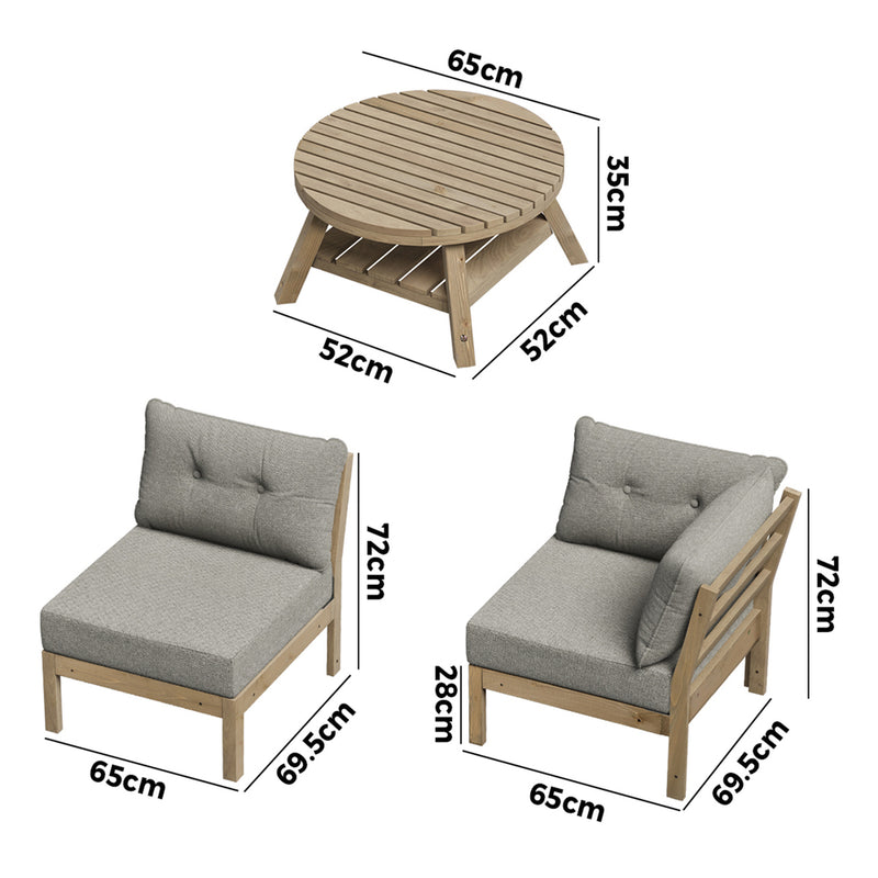 Livsip 3 Seater Outdoor Sofa Set Wooden Lounge Patio Furniture Beige