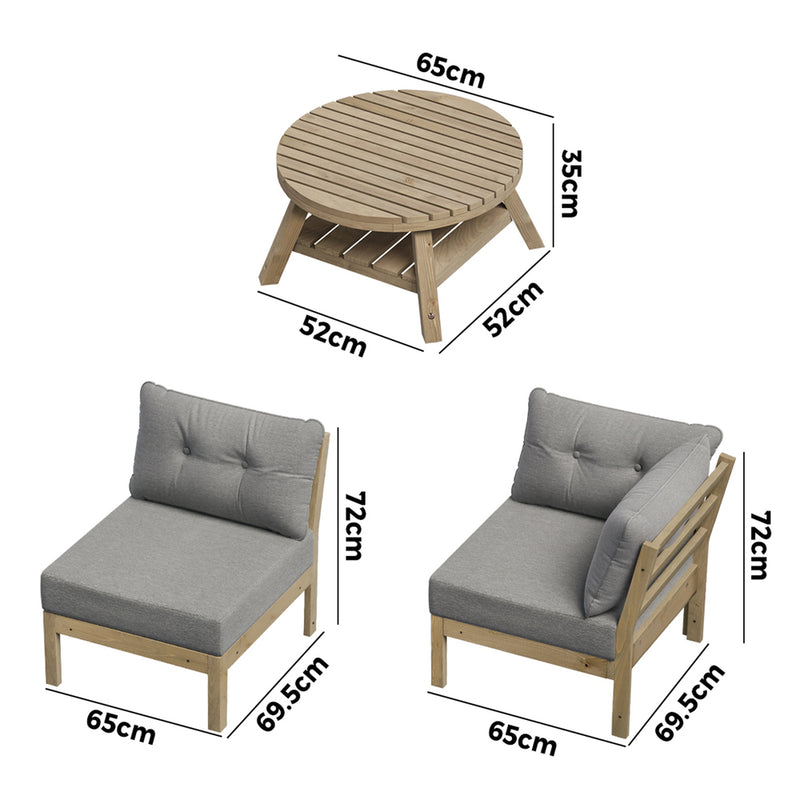 Livsip 3 Seater Outdoor Sofa Set Wooden Lounge Patio Furniture Grey