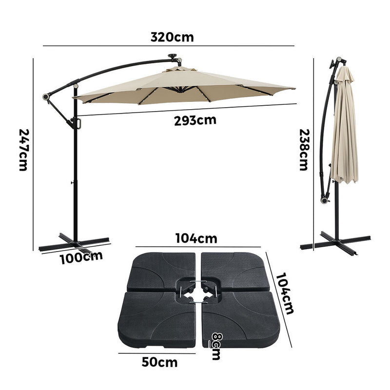Livsip Outdoor Umbrella Cantilever Rotatable w/ 32-LED Beige Base