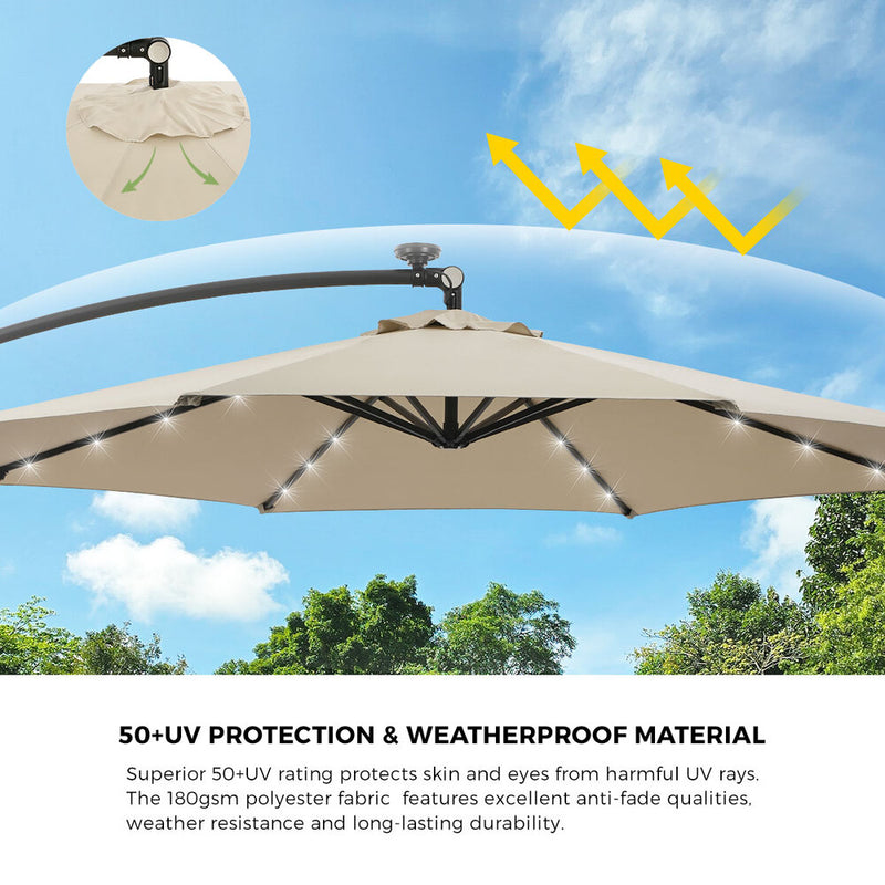 Livsip Outdoor Umbrella Cantilever Rotatable w/ 32-LED Beige Base