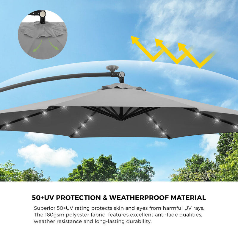 Livsip Outdoor Umbrella 3M Cantilever Rotatable with 32-LED Base