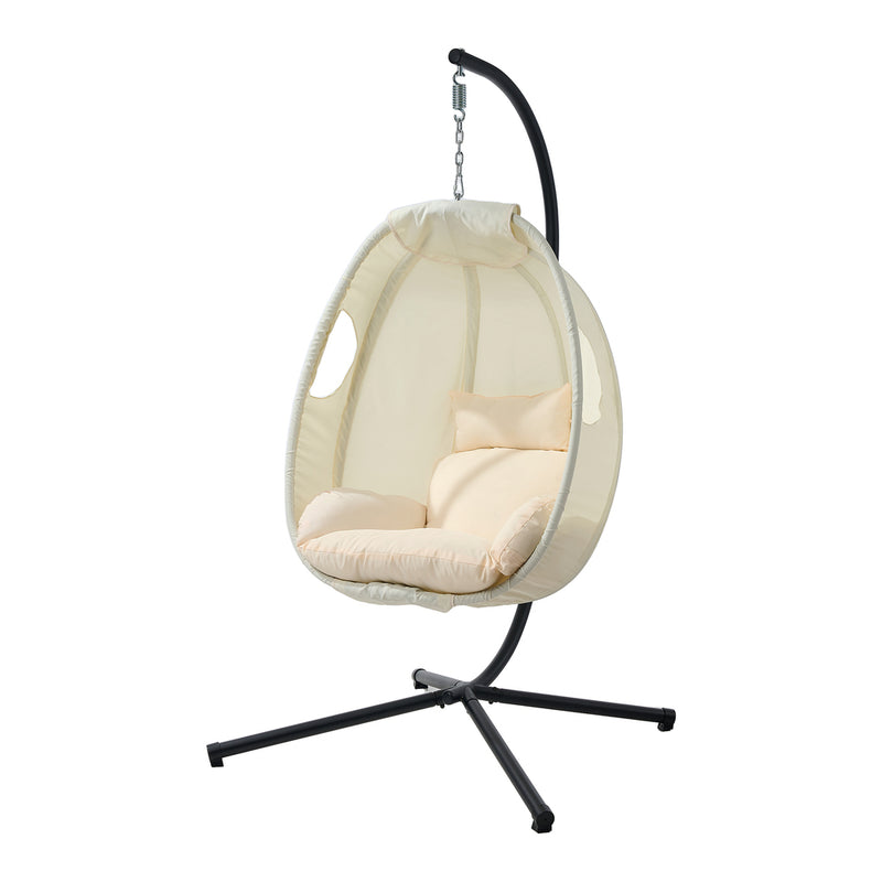 Livsip Outdoor Egg Hanging Chair Swing Seat with Stand Cushions Beige
