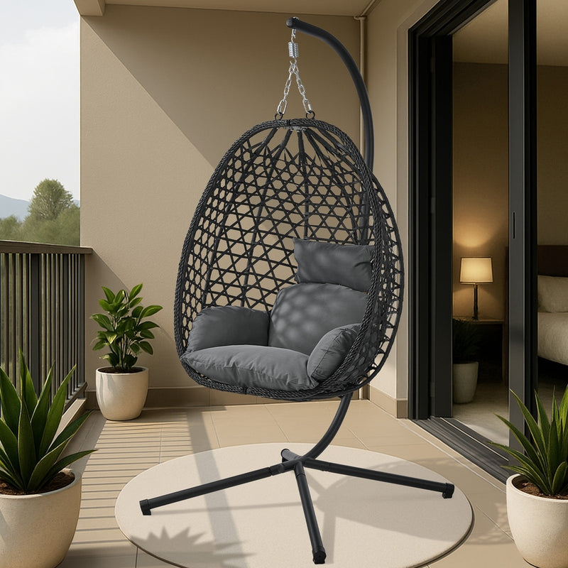 Livsip Outdoor Egg Hanging Chair with Stand Rattan Swing Black