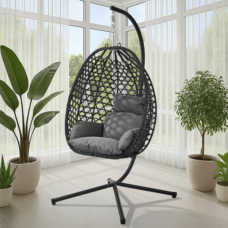 Livsip Outdoor Egg Hanging Chair with Stand Rattan Swing Black
