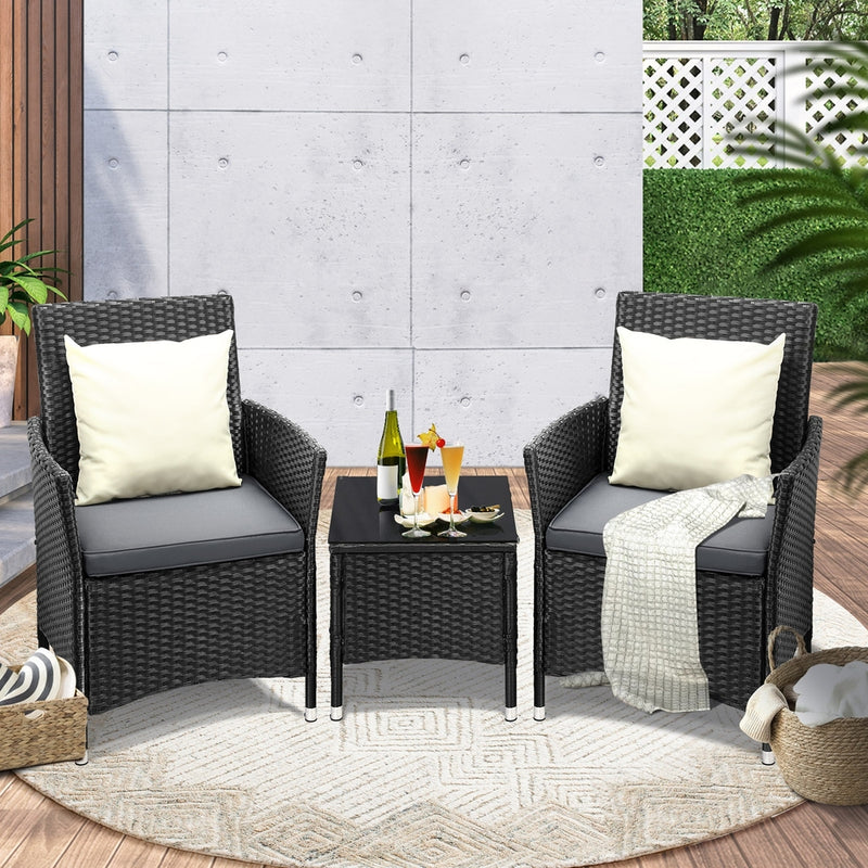 Livsip Outdoor Furniture Patio Chairs Table 3PCS Black