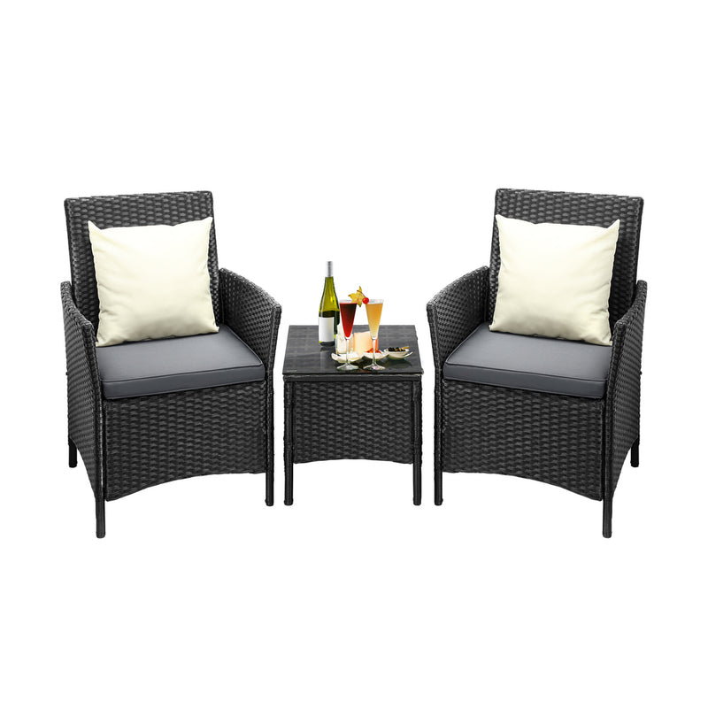 Livsip Outdoor Furniture Patio Chairs Table 3PCS Black