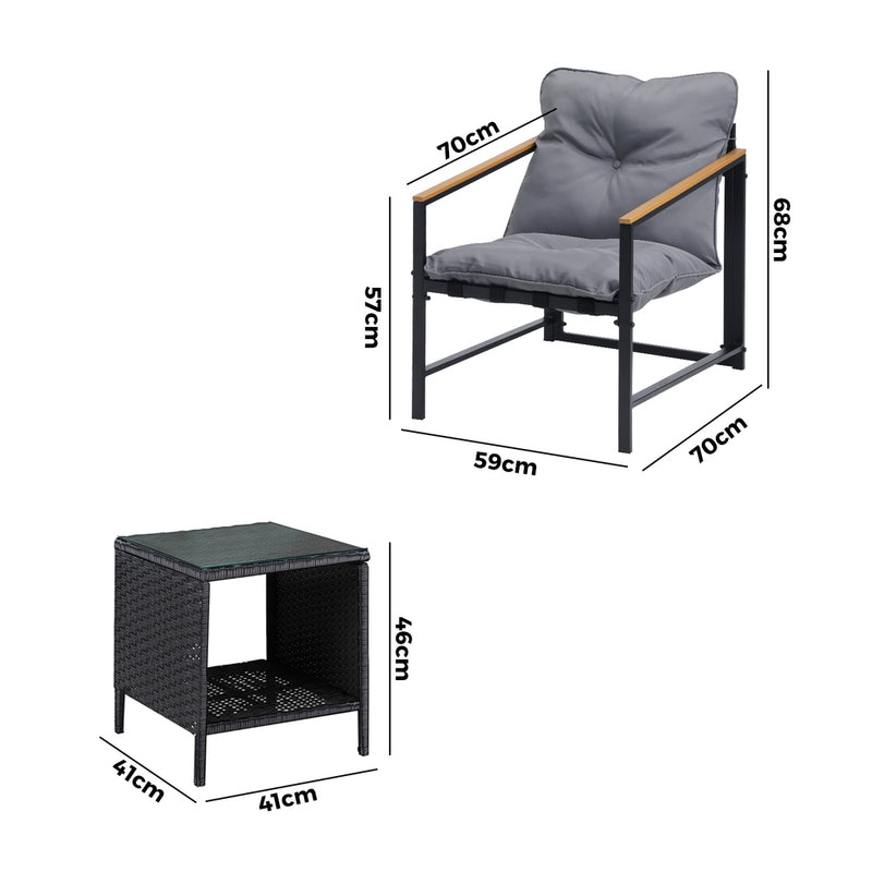 Livsip 3 Piece Outdoor Patio Set Metal Chairs Rattan Table