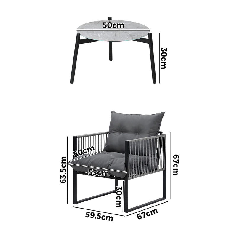 Livsip 3PCS Outdoor Patio Set 50cm Grey Table Cushioned Armchairs