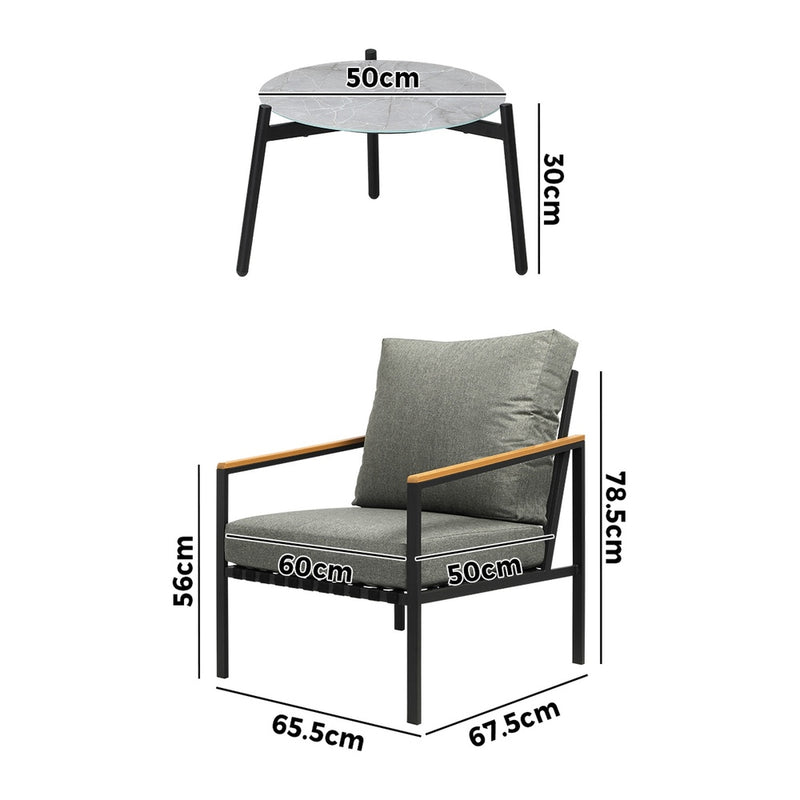 Livsip 3PCS Outdoor Patio Lounge Set Grey 50cm Coffee Table Sofa Chairs