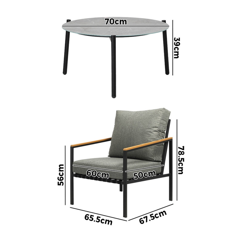 Livsip 3PC Outdoor Patio Lounge Set 70cm Coffee Table Sofa Chairs