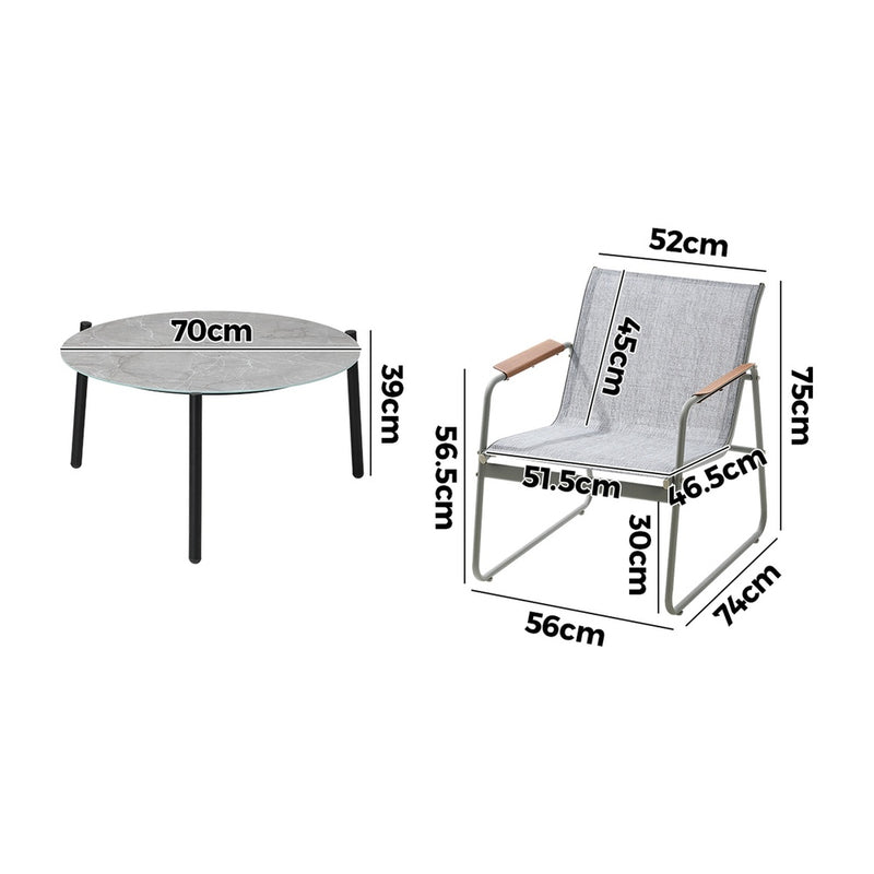Livsip 3PCS Outdoor Bistro Set Patio Chair 70cm Grey Table Textilene