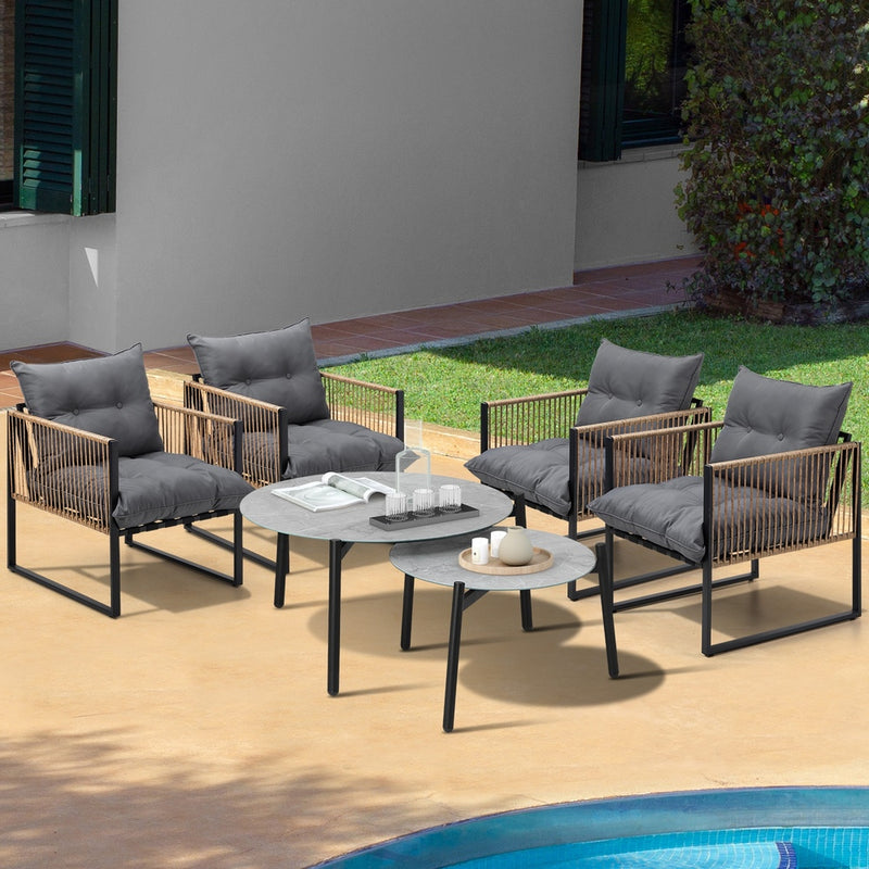 Livsip 6PCS Outdoor Patio Set Grey Coffee Table Set Rattan Chairs