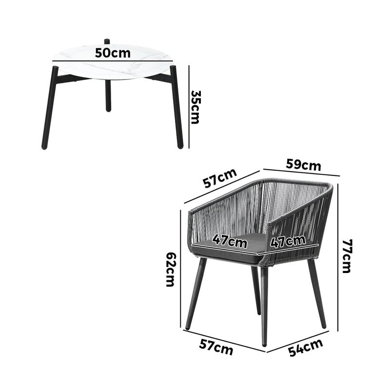 Livsip 3PCS Outdoor Lounge Set 50cm Coffee Table Polyester Chair Rope