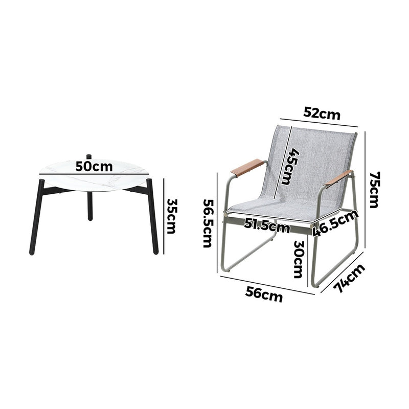 Livsip 3PCS Outdoor Bistro Set 50cm Coffee Table Textilene Patio Chair
