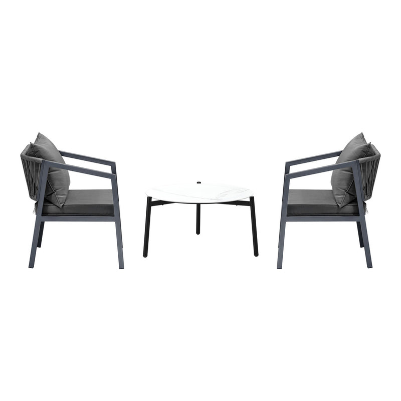 Livsip 3PCS Outdoor Patio Set White 70cm Coffee Table Grey Chairs