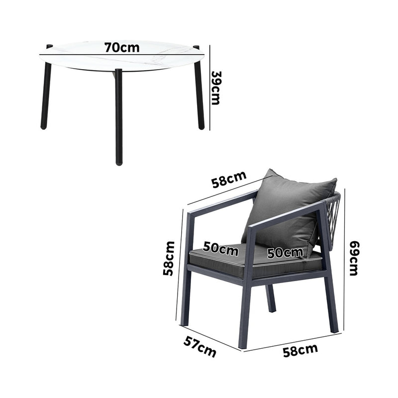 Livsip 3PCS Outdoor Patio Set White 70cm Coffee Table Grey Chairs