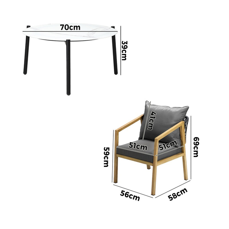Livsip 3PCS Outdoor Patio Set 70cm Coffee Table Grey and Natural Chairs