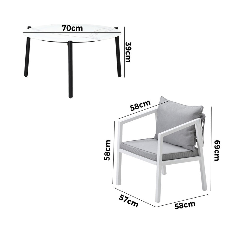 Livsip Outdoor Patio Set White 70cm Coffee Table and Chairs