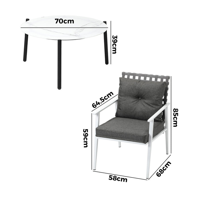 Livsip 3pc Outdoor Lounge Sets 70CM White Round Table Rattan Chairs