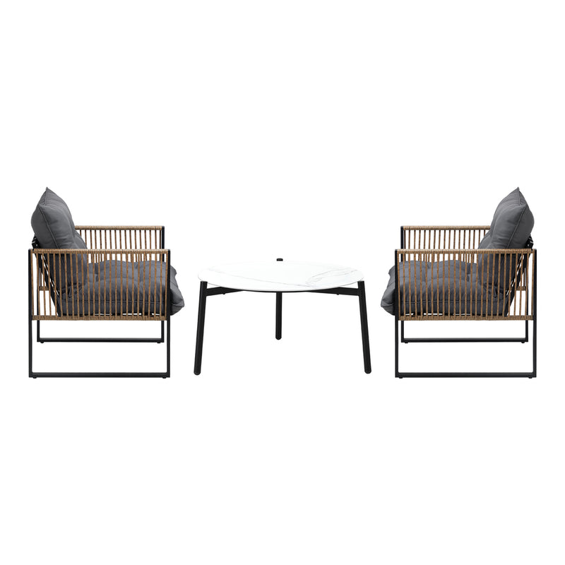 Livsip 3PCS Outdoor Patio Set White 70cm Coffee Table Rattan Chairs