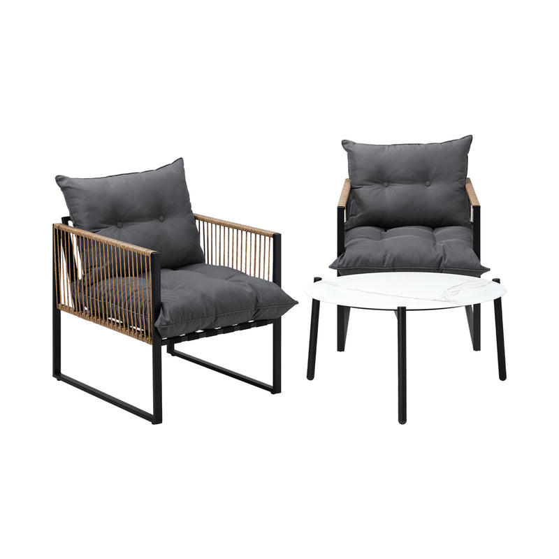 Livsip 3PCS Outdoor Patio Set White 70cm Coffee Table Rattan Chairs
