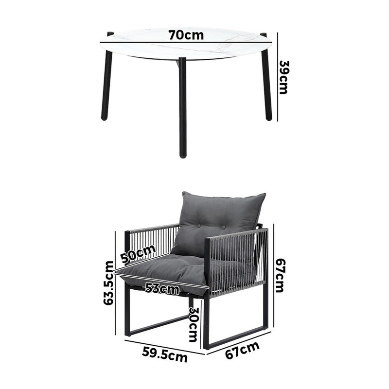 Livsip 3PCS Outdoor Patio Set White 70cm Table Cushioned Armchairs