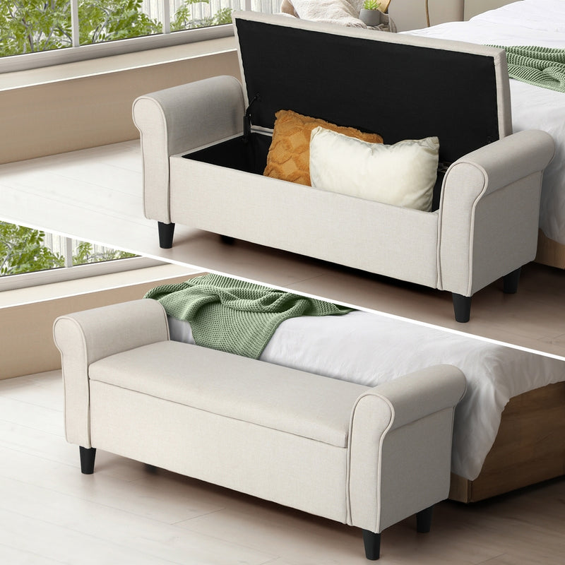 Oikiture Storage Ottoman Linen Fabric Large Beige