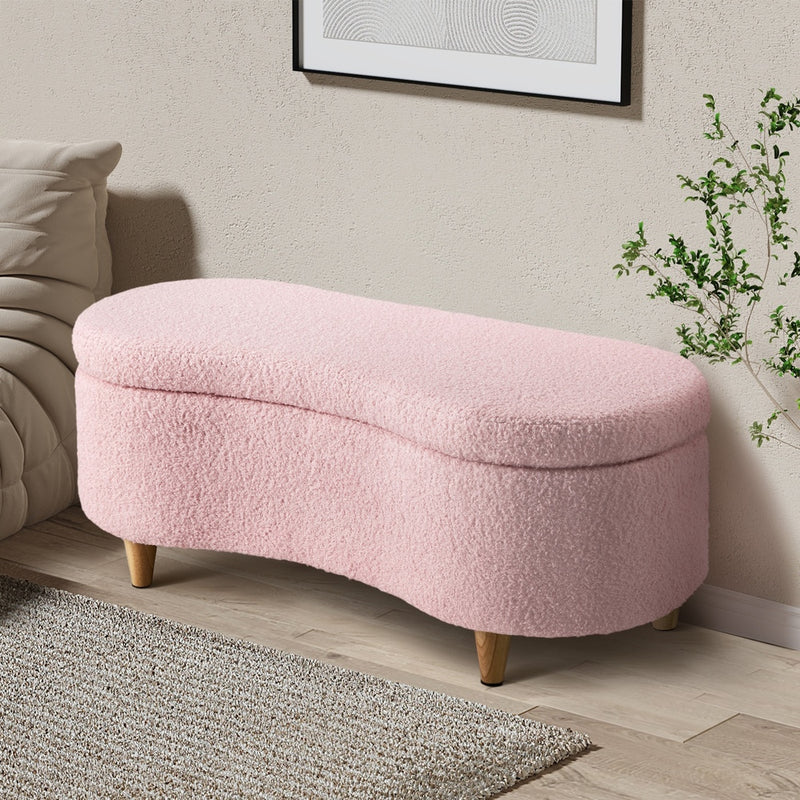 Oikiture Storage Ottoman Cashew Teddy Boucle Chest Bench Stool Pink