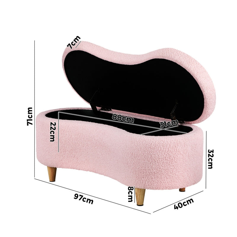 Oikiture Storage Ottoman Cashew Teddy Boucle Chest Bench Stool Pink