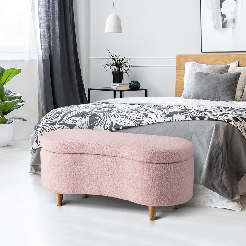 Oikiture Storage Ottoman Cashew Teddy Boucle Chest Bench Stool Pink