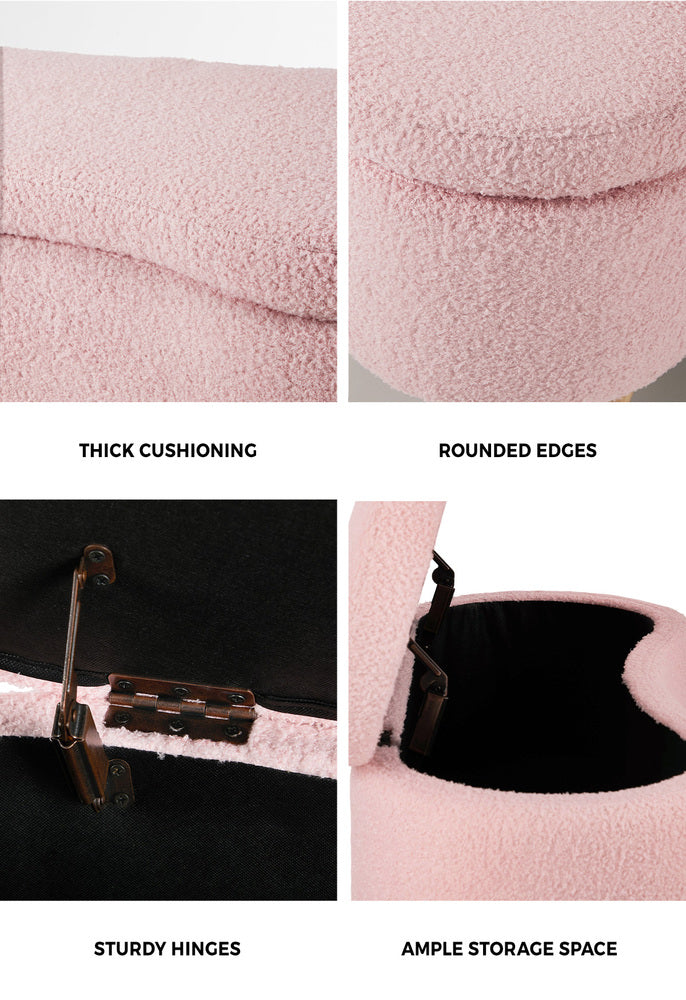 Oikiture Storage Ottoman Cashew Teddy Boucle Chest Bench Stool Pink
