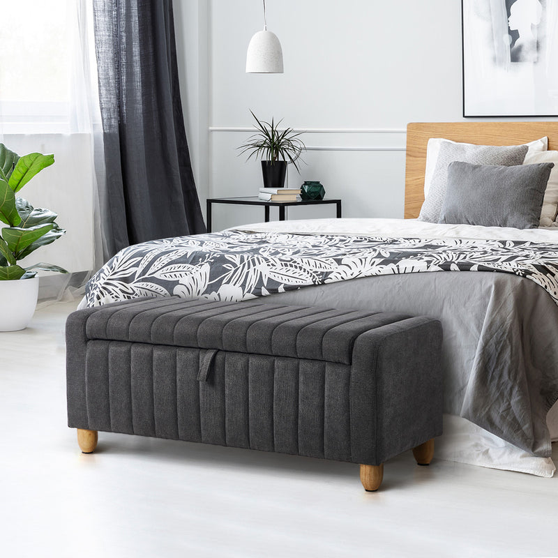 Oikiture Storage Ottoman Couch Footstool Linen Toy Chest Bench Grey