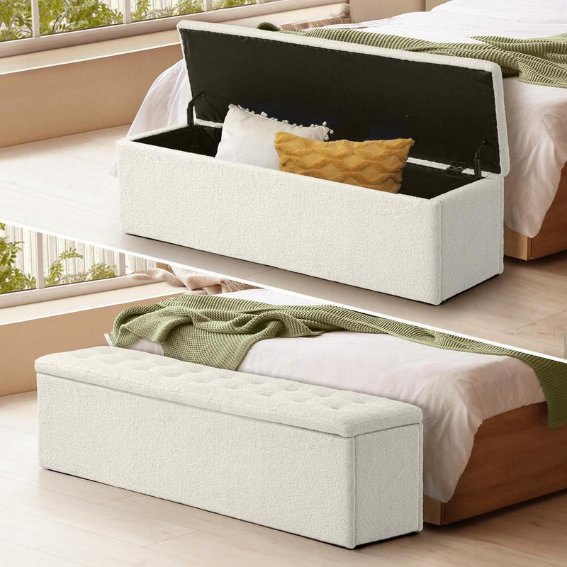 Oikiture Storage Ottoman XL Faux Sherpa White