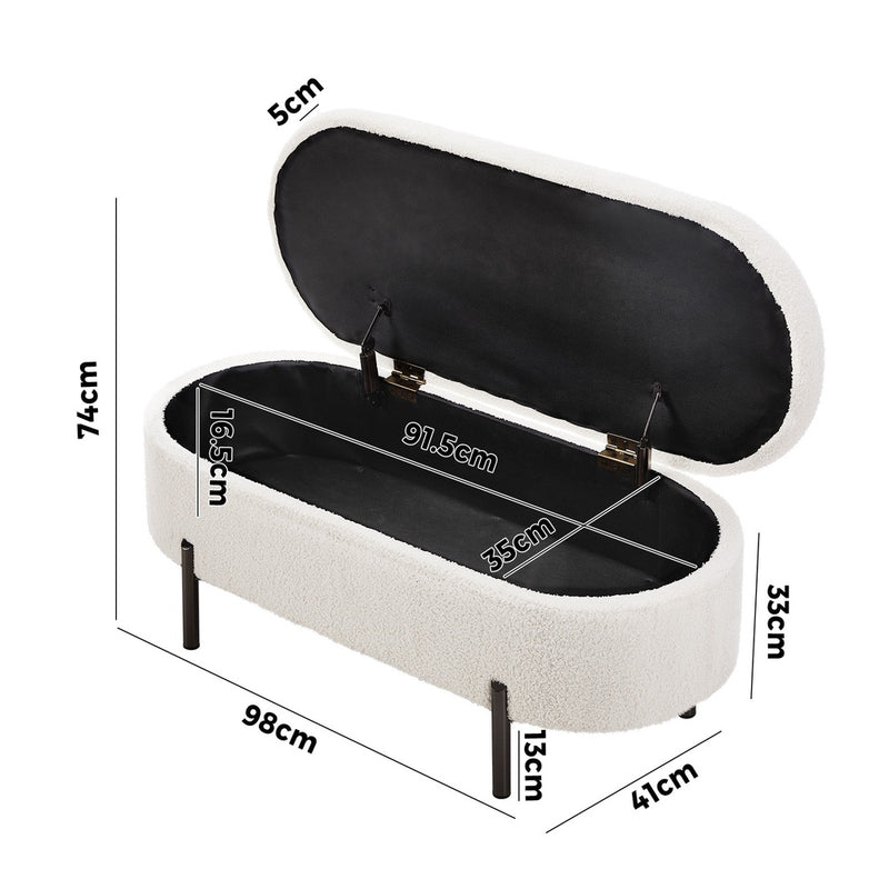 Oikiture Storage Ottoman Bench Oval Blanket Box Sherpa White