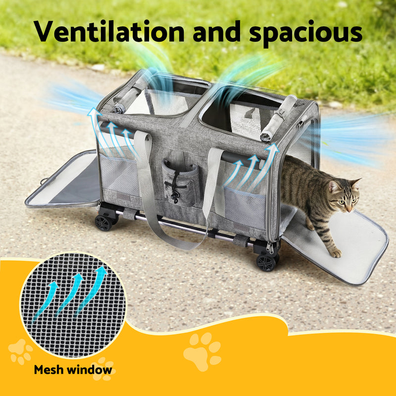 i.Pet Pet Carrier Swivel Wheels Foldable Cat Dog Trolley Stroller Travel Bag Grey