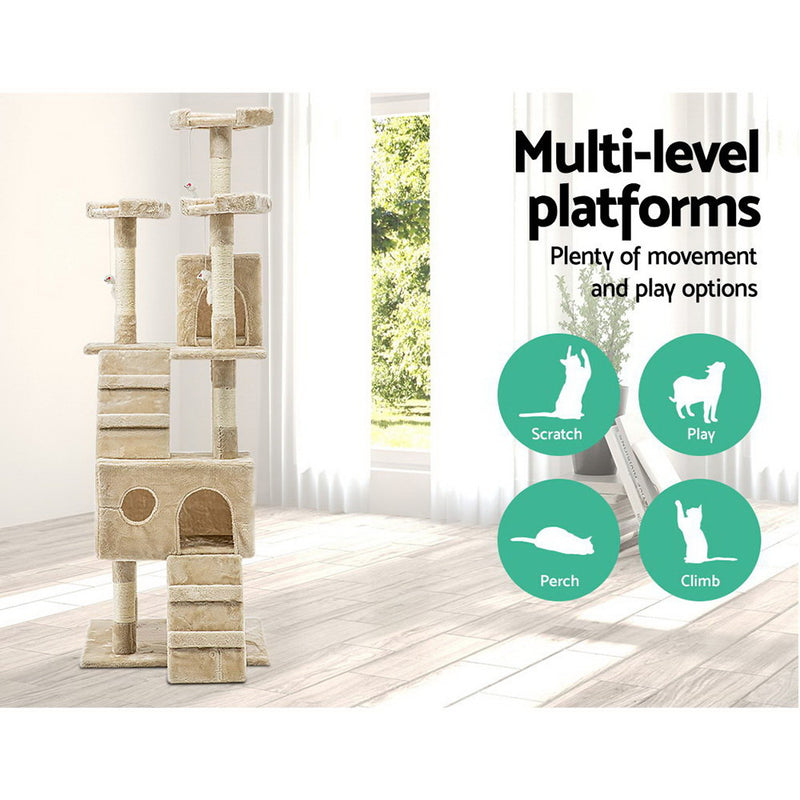 i.Pet Cat Tree 180cm Tower Scratching Post Scratcher Wood Condo House Toys Beige