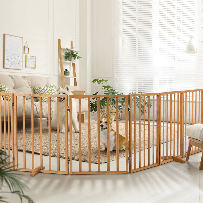 Alopet Wooden Pet Gate Dog Fence Safety Stair Barrier 6 Panels Natural
