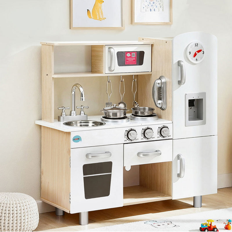 Keezi Kids Kitchen Play Set Wooden Pretend Toys Cooking Children Clock Beige