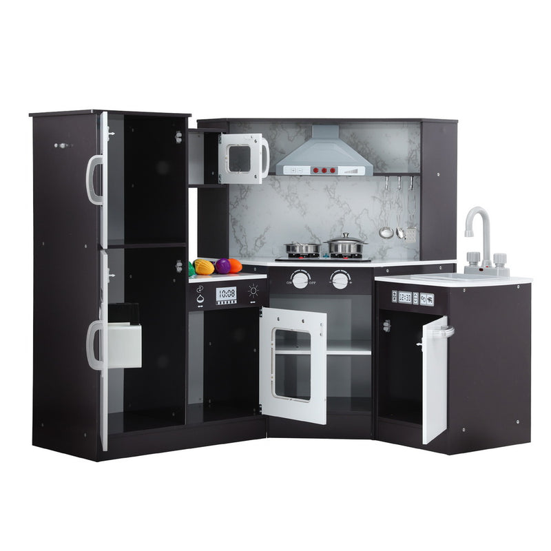 Keezi Kids Kitchen Play Set Wooden Pretend Cooking Playset w/Sounds Lights Black