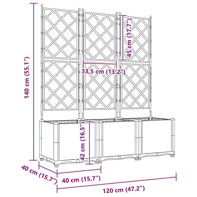 vidaXL Garden Planter with Trellis 3 pcs Grey 120 x 40 x 143 cm PP