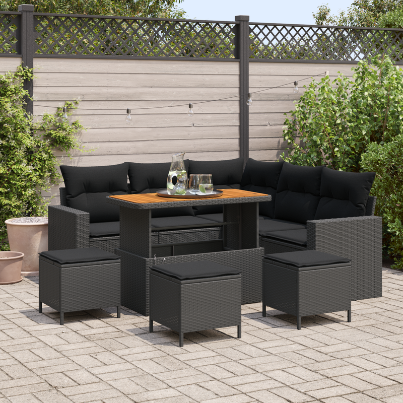 vidaXL Garden Sofa Set Height-Adjustable 9 pcs Black Poly Rattan