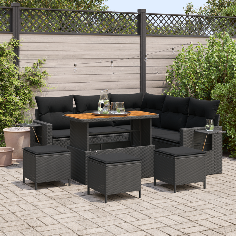 vidaXL Garden Sofa Set with Cushion 9 pcs Black Poly Rattan