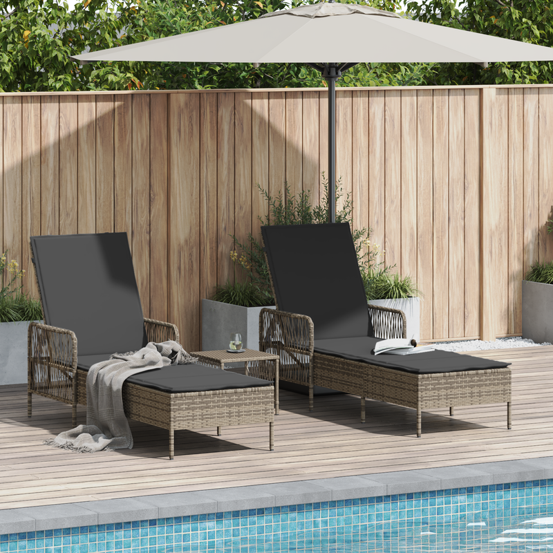 vidaXL Sun Lounger Reclining 3 pcs Grey and Dark Grey Poly Rattan