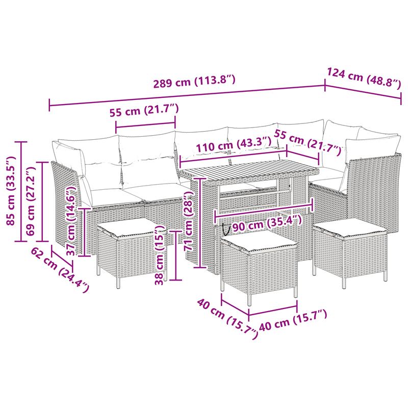 vidaXL Garden Sofa Set Height-Adjustable 10 pcs Black Poly Rattan