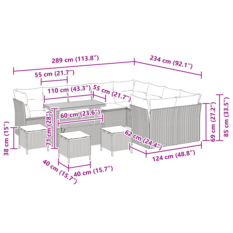 vidaXL Garden Sofa Set Height-Adjustable 13 pcs Black Poly Rattan