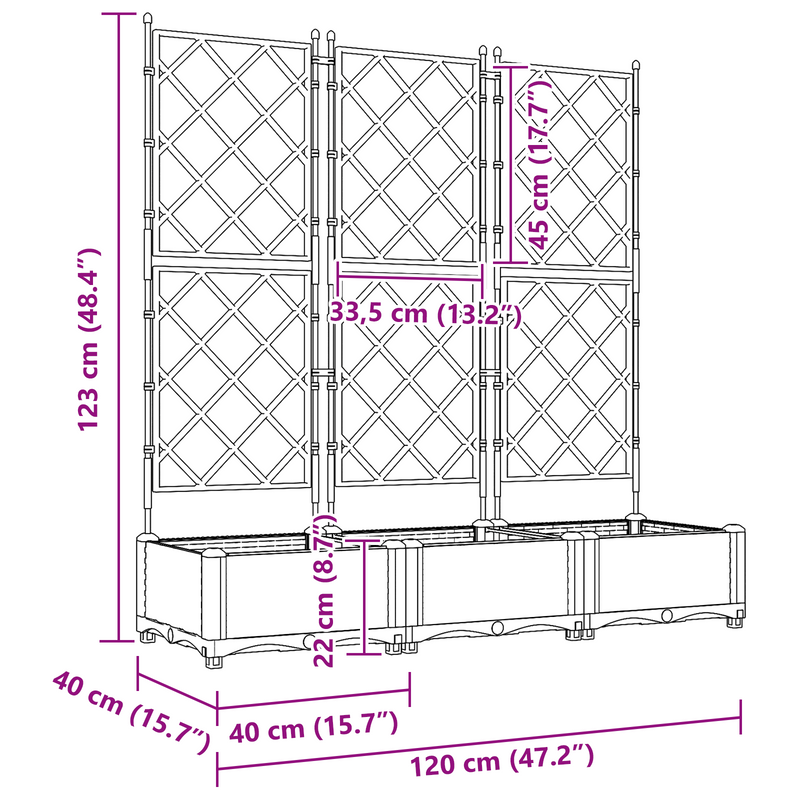 vidaXL Garden Planter with Trellis 3 pcs Grey 120 x 40 x 125.5 cm PP