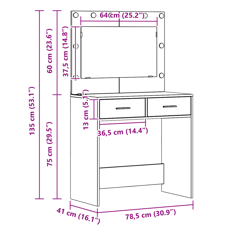 vidaXL Dressing Table White 78.5 x 41 x 135 cm Engineered wood
