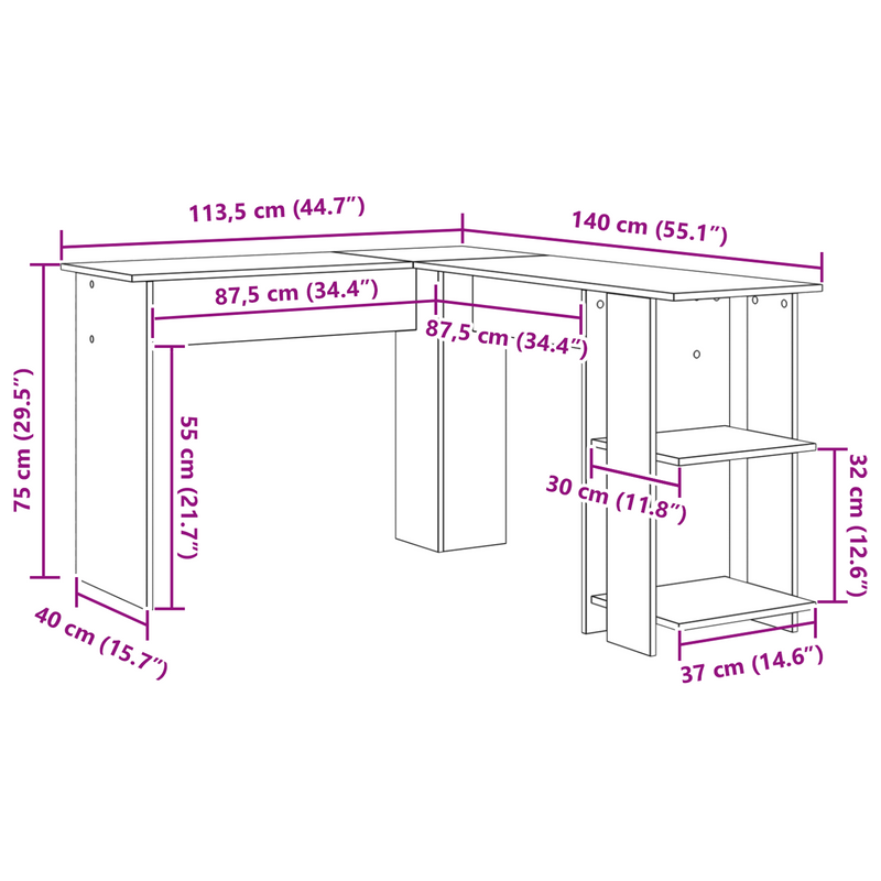 Corner Desk White 140 x 113,5 x 75 cm Engineered Wood