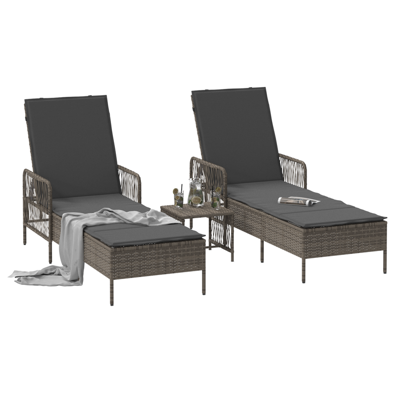 vidaXL Sun Lounger Reclining 3 pcs Grey and Dark Grey Poly Rattan