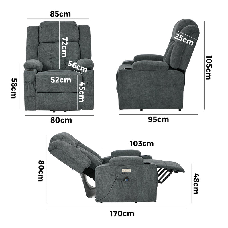 Oikiture Recliner Chair Lift Heated Massage Armchair Charge Ports